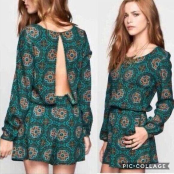 Patrons of Peace Pants - Patrons of Peace | Long Sleeve Open Back Romper Boho Teal‎ Women’s Size M